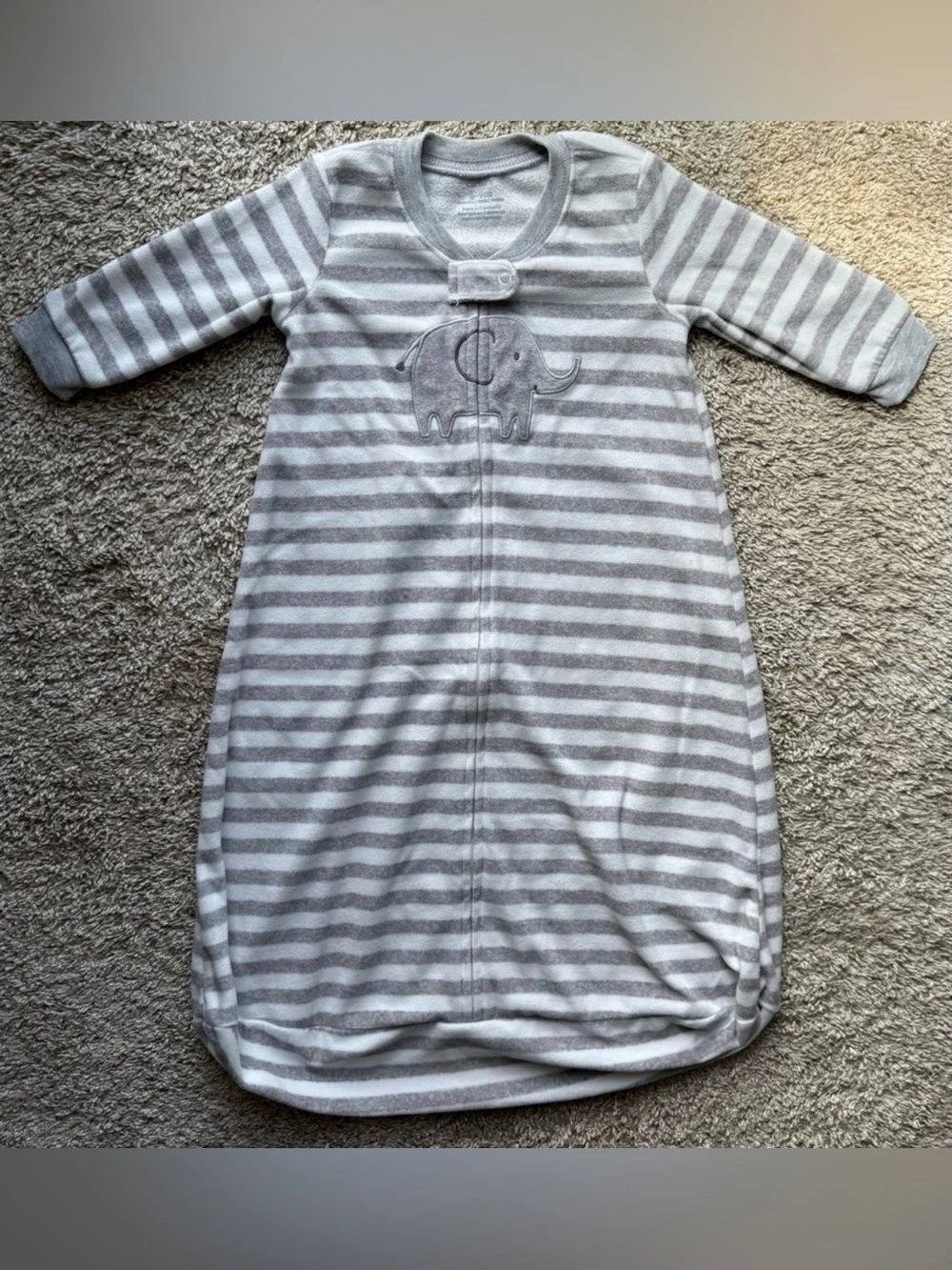 Carter’s Baby Sleep Gown Gray White Striped Elephant Fleece 6-9 Months Cozy